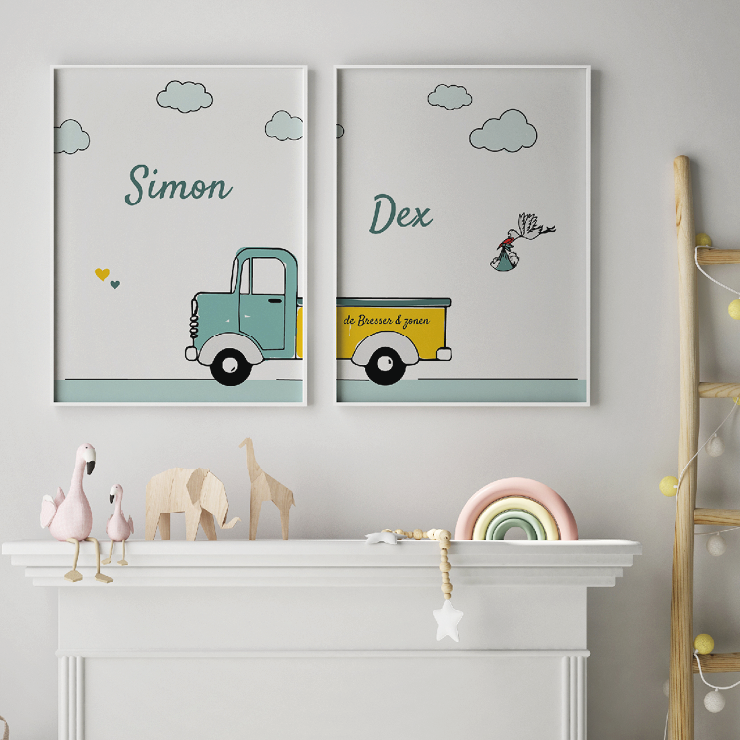 naamposter voor tweeling op babykamer