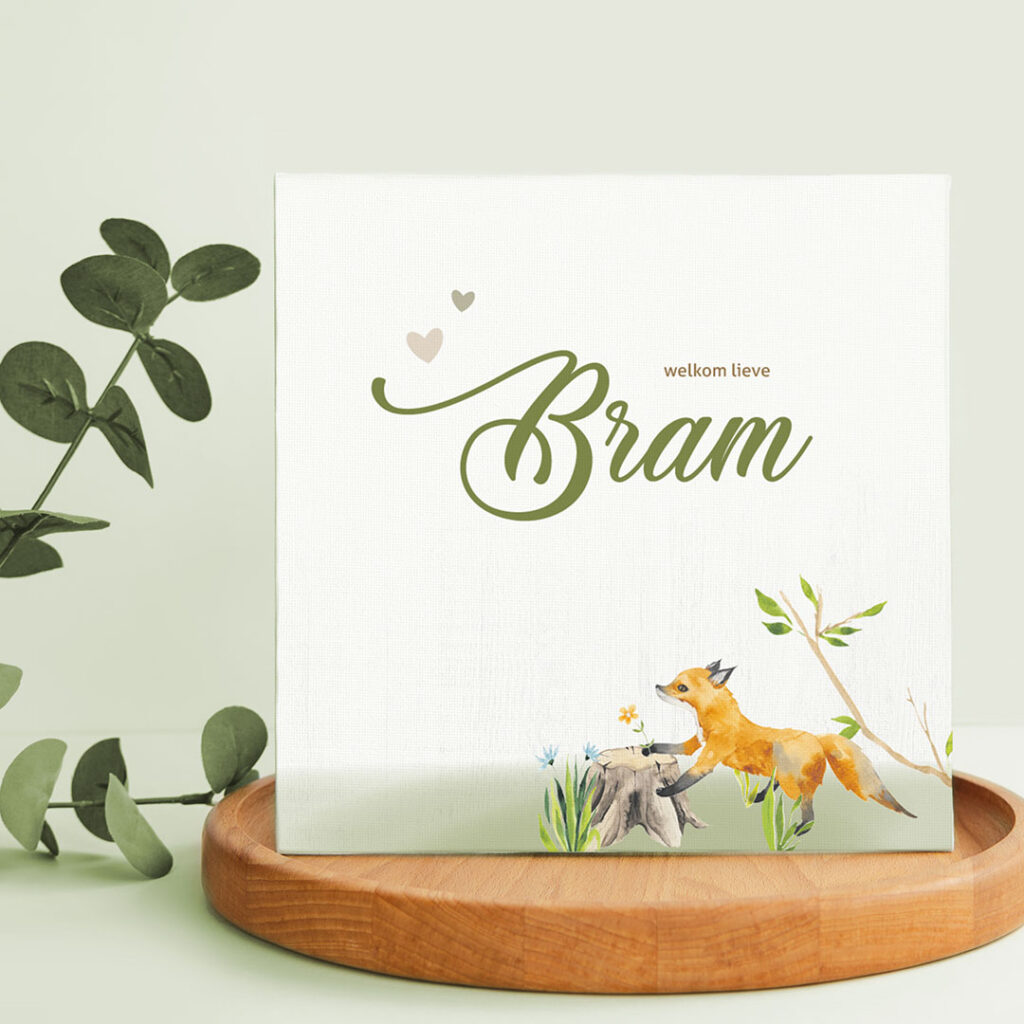 geboortekaart op maat voor Bram met lieve vos in het bos