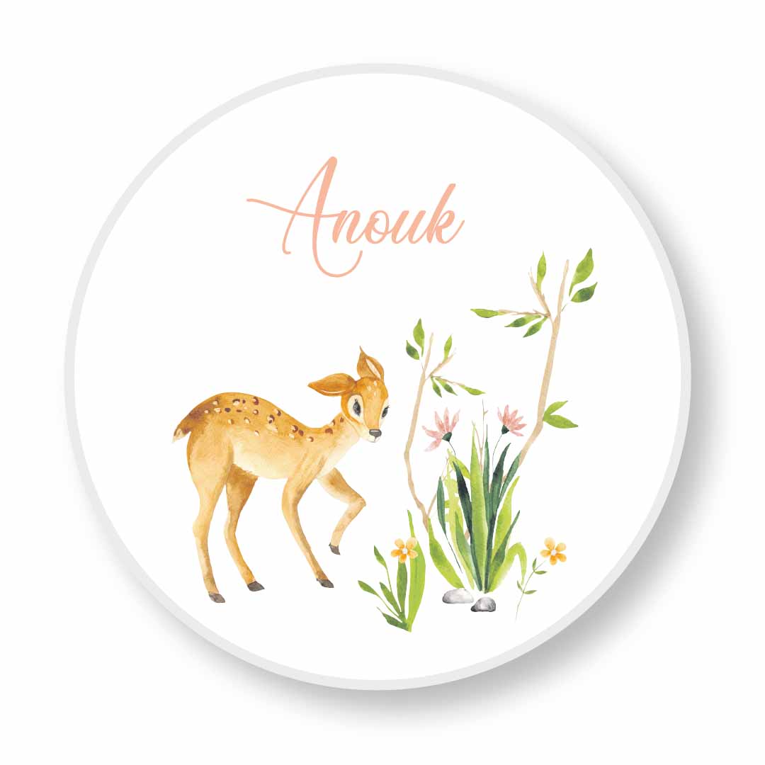 Naamsticker Anouk met hertje en bloemetjes in lichtroze